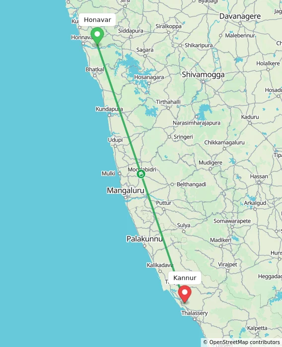Route map showing distance and travel time from Honavar, India to Kannur, India