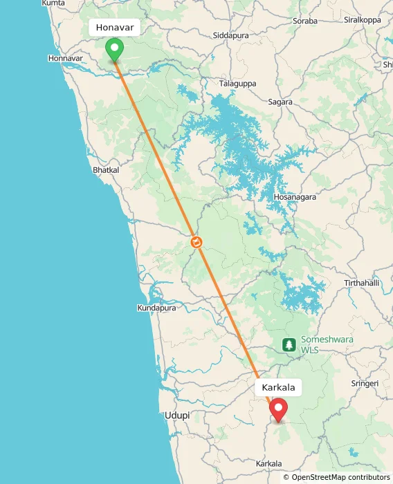 Route map showing distance and travel time from Honavar, India to Karkala, India