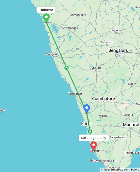 Route map showing distance and travel time from Honavar, India to Karunagappally, India