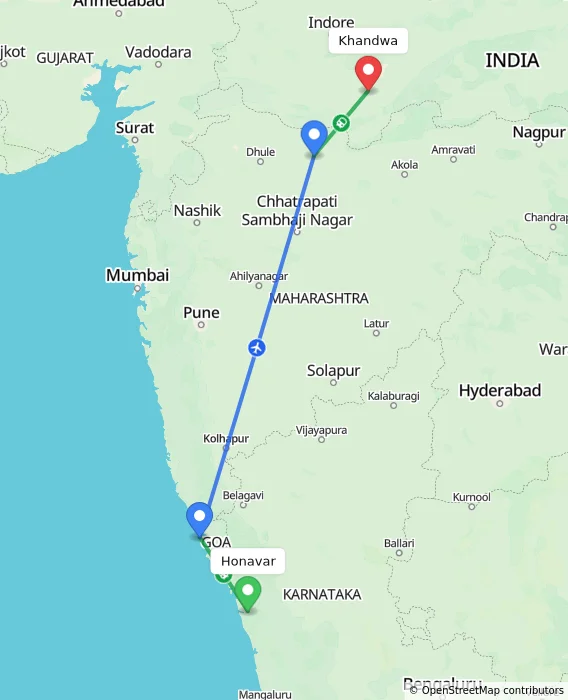 Route map showing distance and travel time from Honavar, India to Khandwa, India