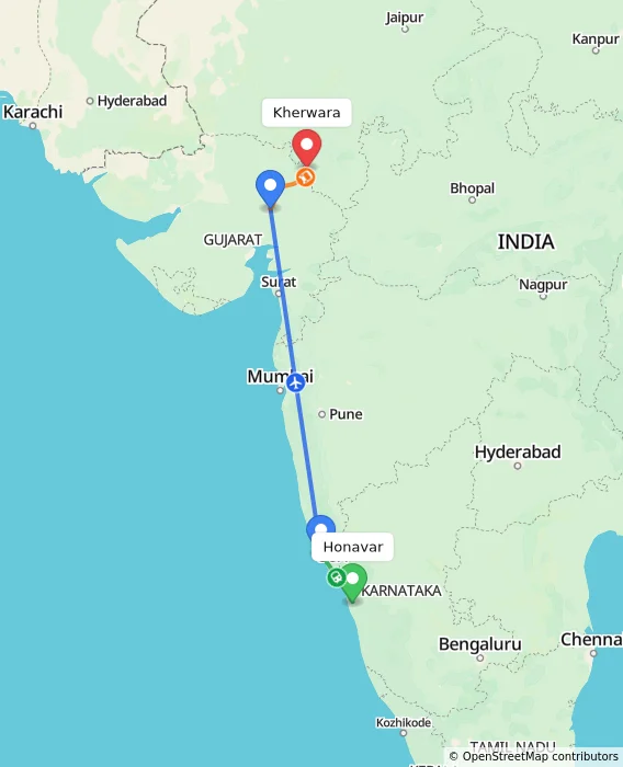 Route map showing distance and travel time from Honavar, India to Kherwara, India