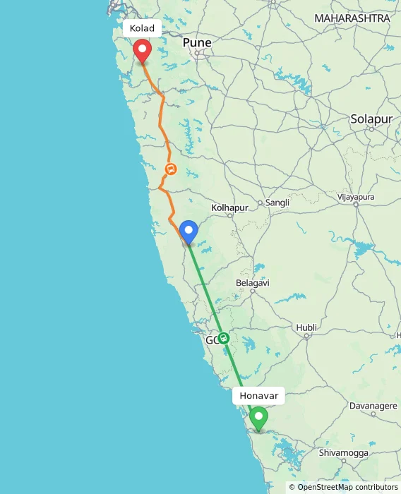Route map showing distance and travel time from Honavar, India to Kolad, India