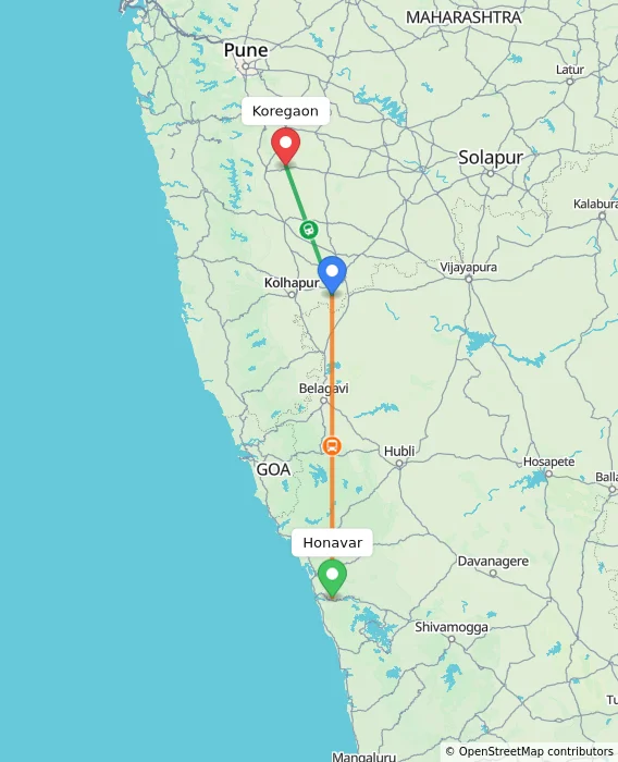 Route map showing distance and travel time from Honavar, India to Koregaon, India