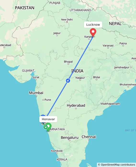 Route map showing distance and travel time from Honavar, India to Lucknow, India