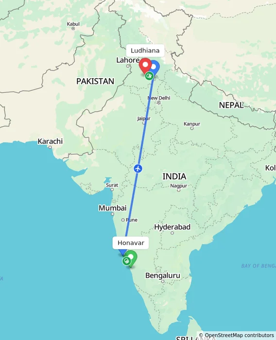 Route map showing distance and travel time from Honavar, India to Ludhiana, India