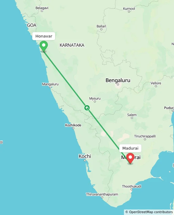 Route map showing distance and travel time from Honavar, India to Madurai, India