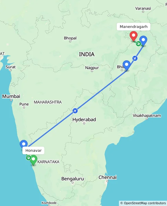 Route map showing distance and travel time from Honavar, India to Manendragarh, India