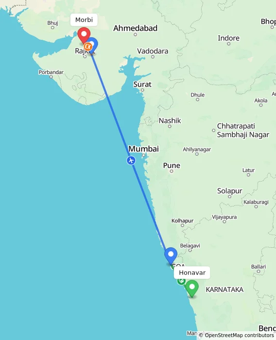 Route map showing distance and travel time from Honavar, India to Morbi, India