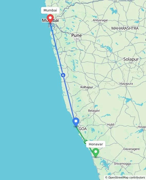 Route map showing distance and travel time from Honavar, India to Mumbai, India