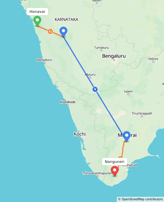 Route map showing distance and travel time from Honavar, India to Nanguneri, India
