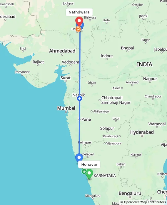 Route map showing distance and travel time from Honavar, India to Nathdwara, India