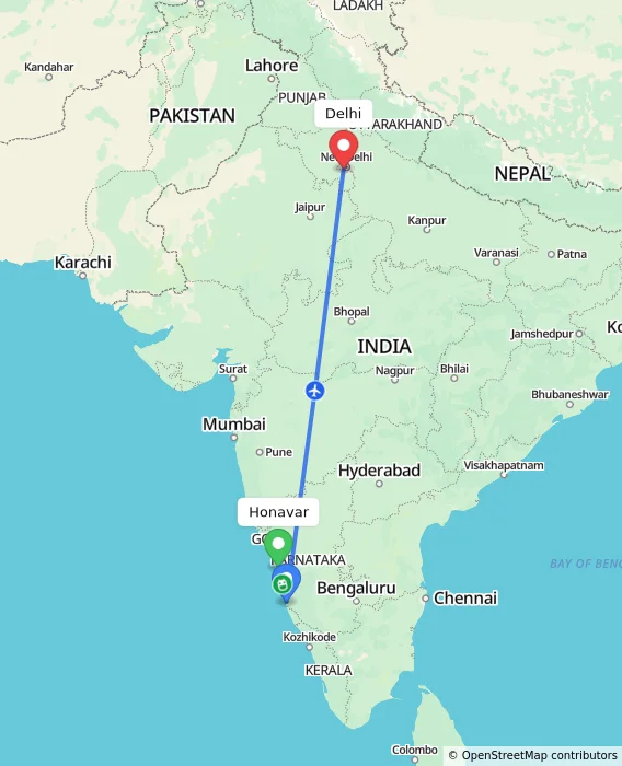 Route map showing distance and travel time from Honavar, India to Delhi, India
