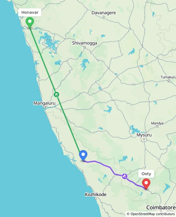 Route map showing distance and travel time from Honavar, India to Ooty, India