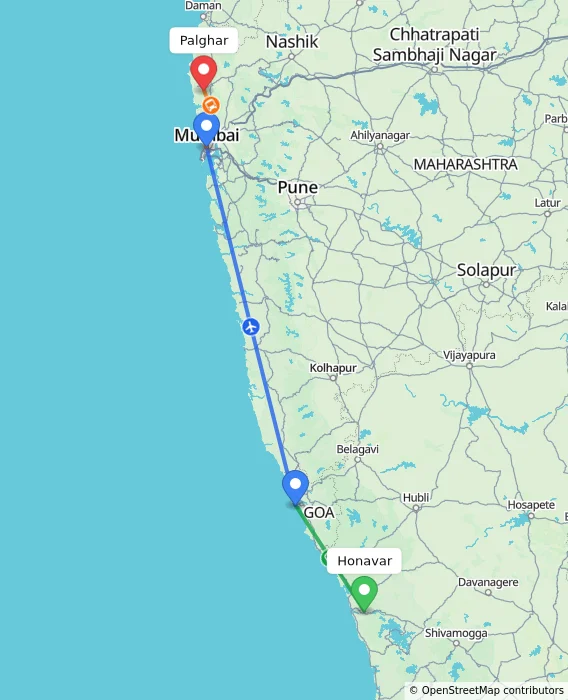 Route map showing distance and travel time from Honavar, India to Palghar, India