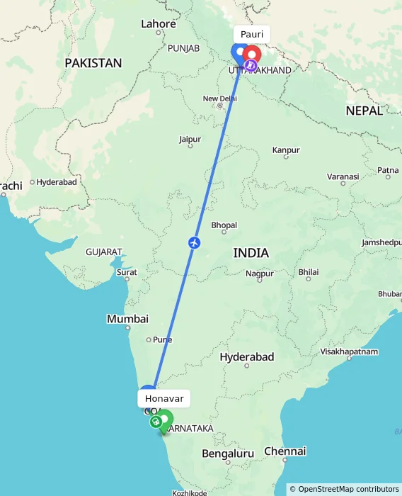 Route map showing distance and travel time from Honavar, India to Pauri, India