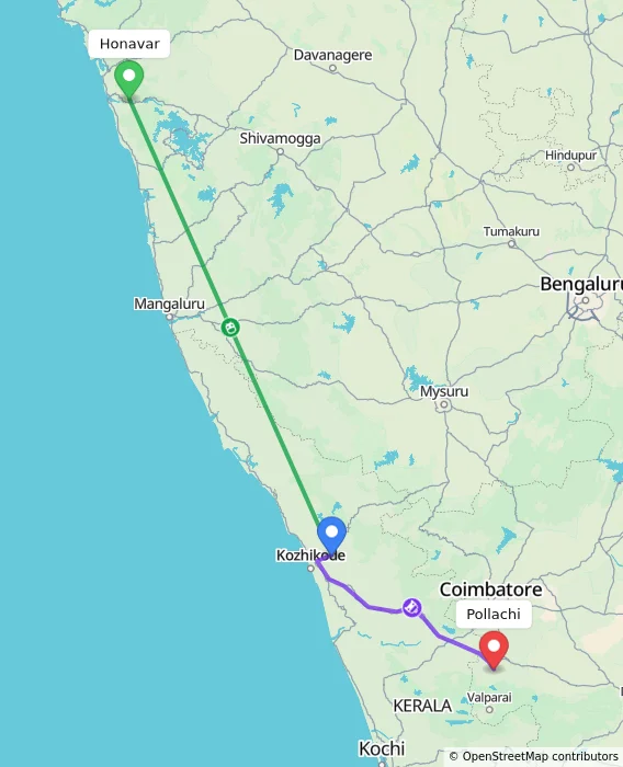 Route map showing distance and travel time from Honavar, India to Pollachi, India