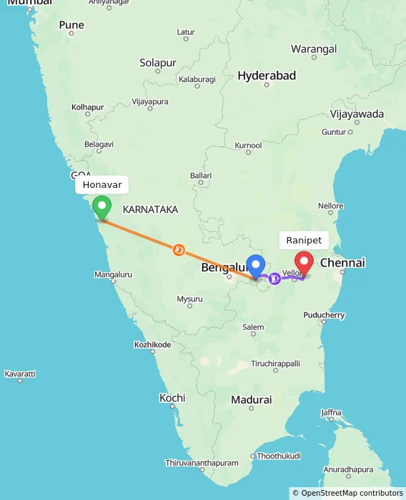 Route map showing distance and travel time from Honavar, India to Ranipet, India