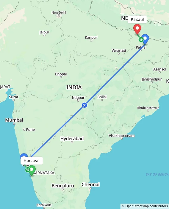 Route map showing distance and travel time from Honavar, India to Raxaul, India