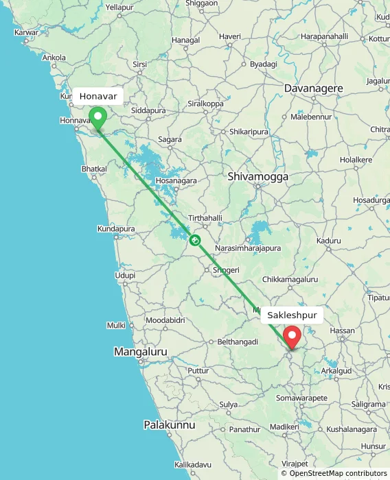 Route map showing distance and travel time from Honavar, India to Sakleshpur, India