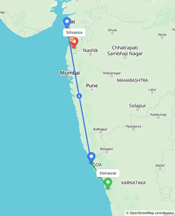 Route map showing distance and travel time from Honavar, India to Silvassa, India