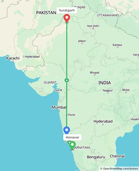 Route map showing distance and travel time from Honavar, India to Suratgarh, India