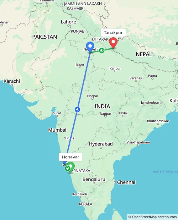 Route map showing distance and travel time from Honavar, India to Tanakpur, India