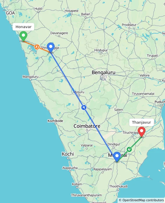 Route map showing distance and travel time from Honavar, India to Thanjavur, India
