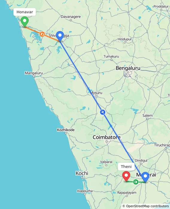Route map showing distance and travel time from Honavar, India to Theni, India