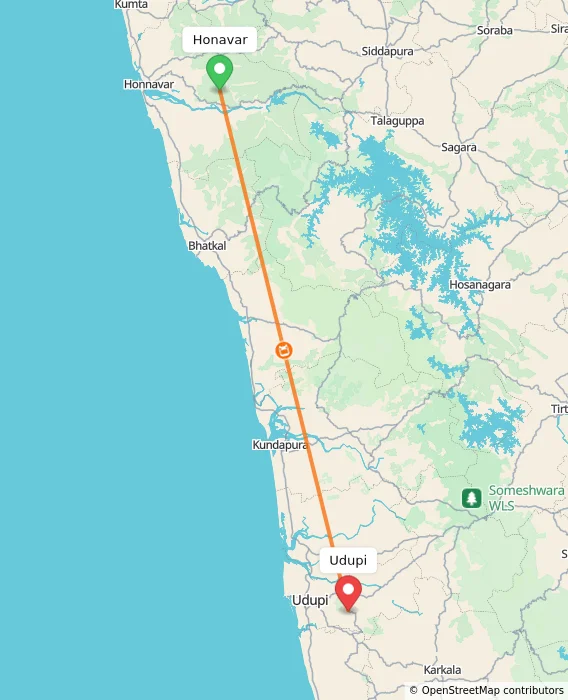Route map showing distance and travel time from Honavar, India to Udupi, India
