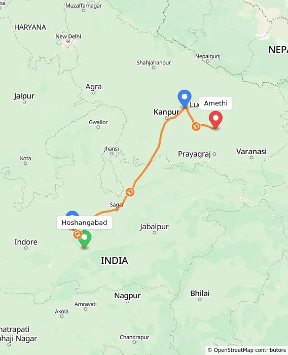 Route map showing distance and travel time from Hoshangabad, India to Amethi, India