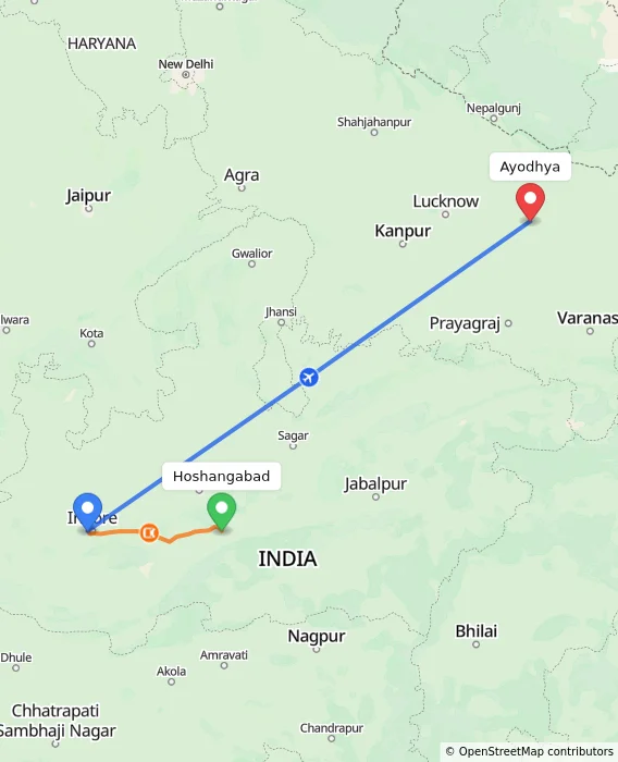 Route map showing distance and travel time from Hoshangabad, India to Ayodhya, India