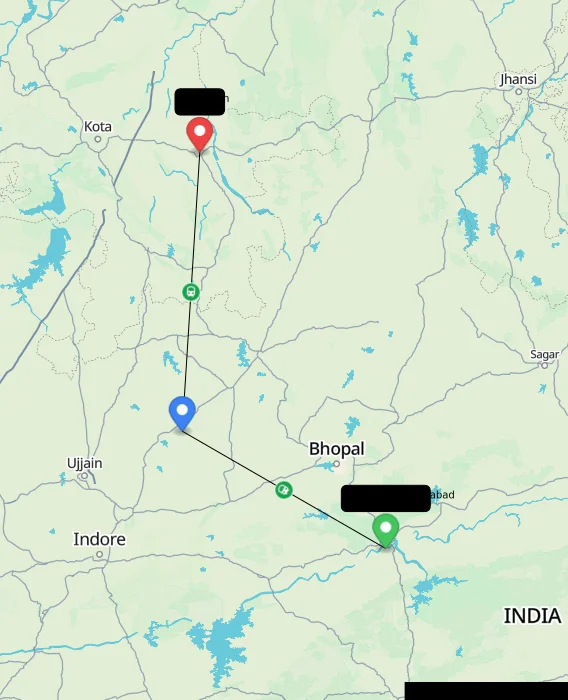 Route map showing distance and travel time from Hoshangabad, India to Baran, India