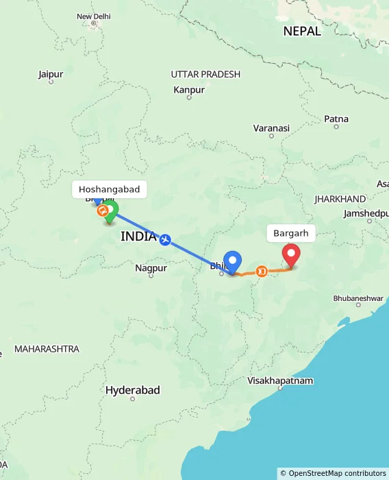 Route map showing distance and travel time from Hoshangabad, India to Bargarh, India
