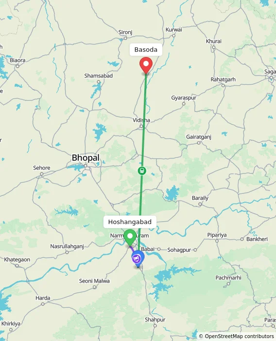 Route map showing distance and travel time from Hoshangabad, India to Basoda, India