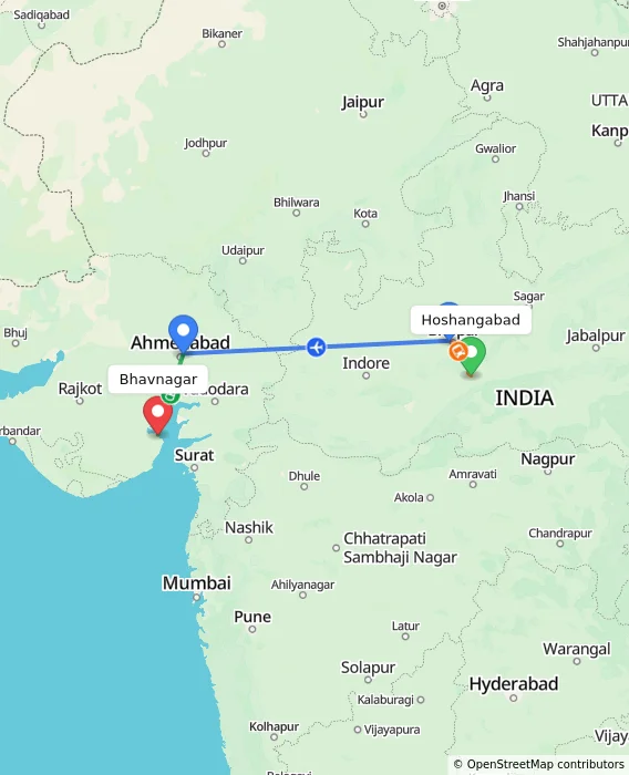 Route map showing distance and travel time from Hoshangabad, India to Bhavnagar, India