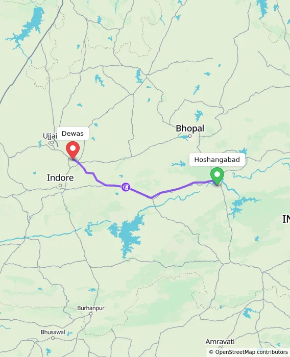 Route map showing distance and travel time from Hoshangabad, India to Dewas, India
