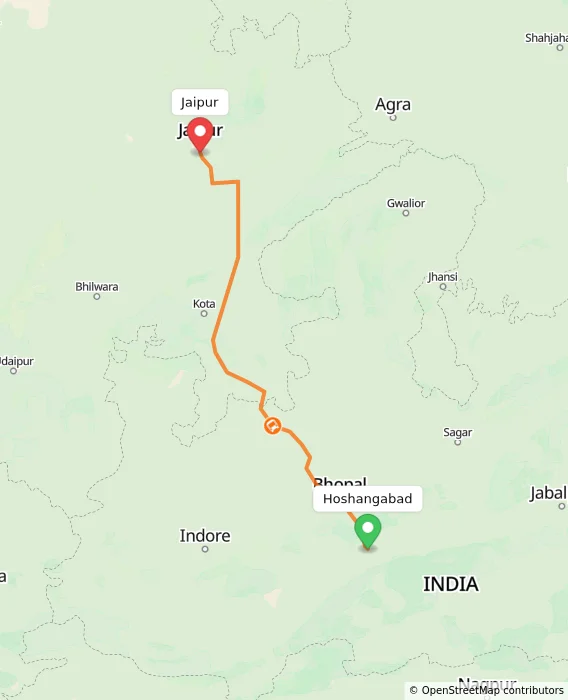 Route map showing distance and travel time from Hoshangabad, India to Jaipur, India