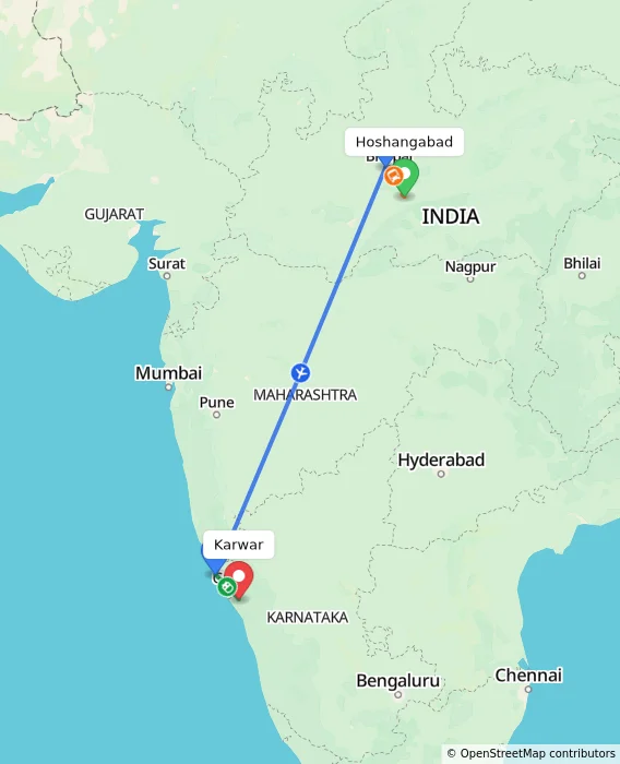 Route map showing distance and travel time from Hoshangabad, India to Karwar, India