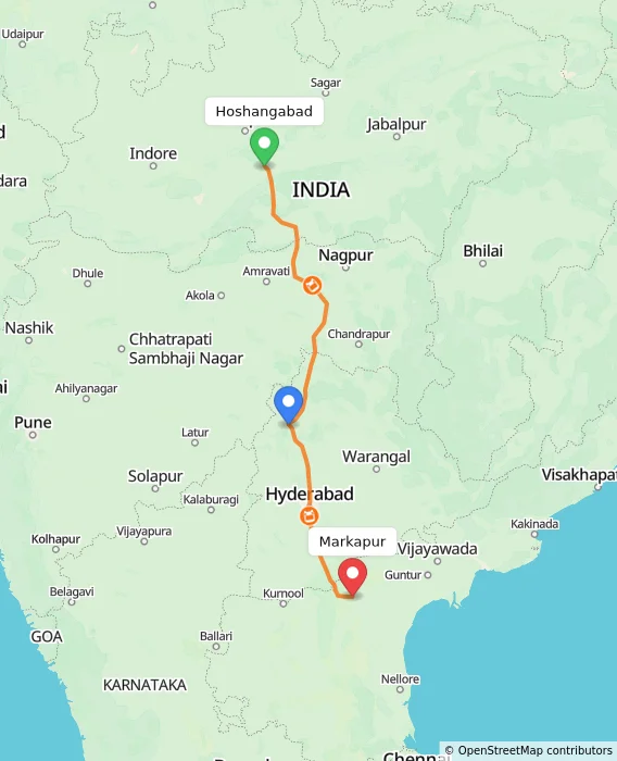 Route map showing distance and travel time from Hoshangabad, India to Markapur, India
