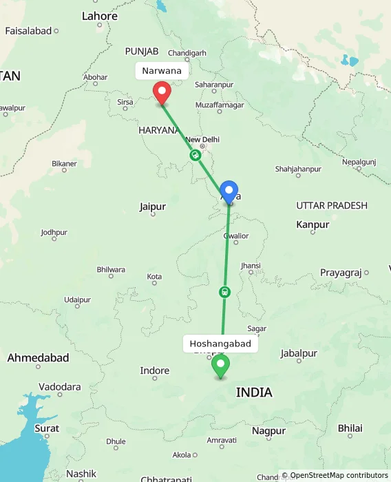 Route map showing distance and travel time from Hoshangabad, India to Narwana, India