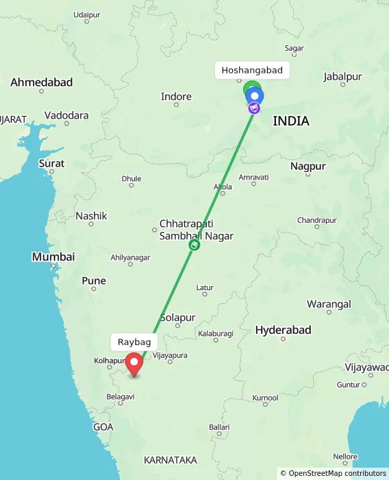 Route map showing distance and travel time from Hoshangabad, India to Raybag, India