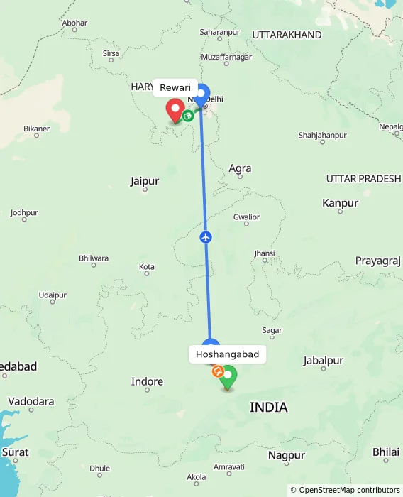Route map showing distance and travel time from Hoshangabad, India to Rewari, India