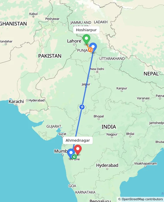 Route map showing distance and travel time from Hoshiarpur, India to Ahmednagar, India