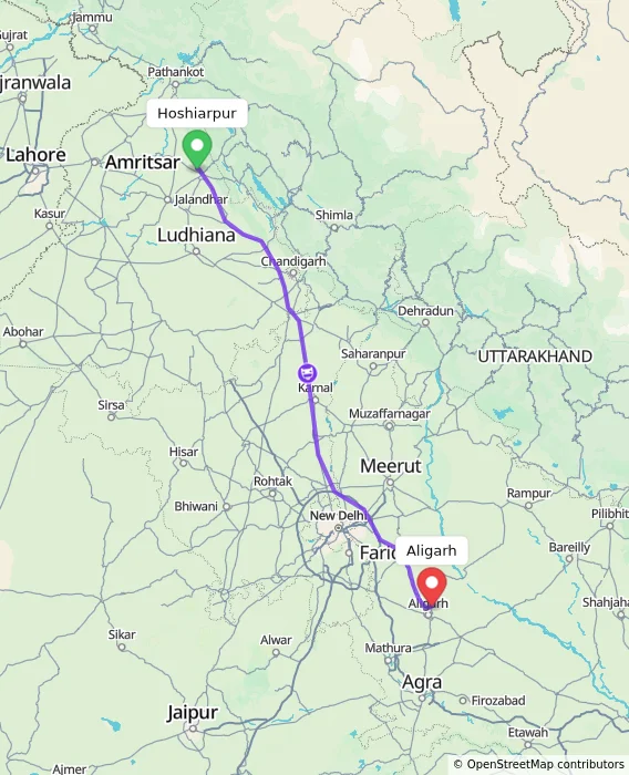 Route map showing distance and travel time from Hoshiarpur, India to Aligarh, India