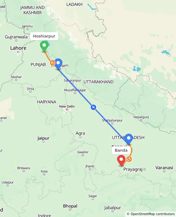 Route map showing distance and travel time from Hoshiarpur, India to Banda, India