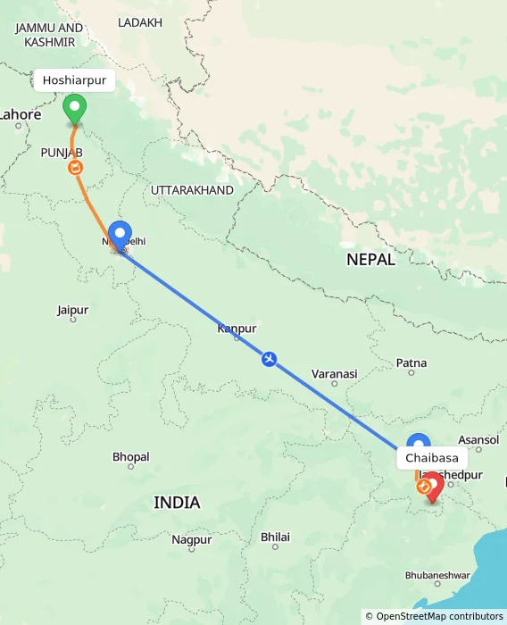 Route map showing distance and travel time from Hoshiarpur, India to Chaibasa, India