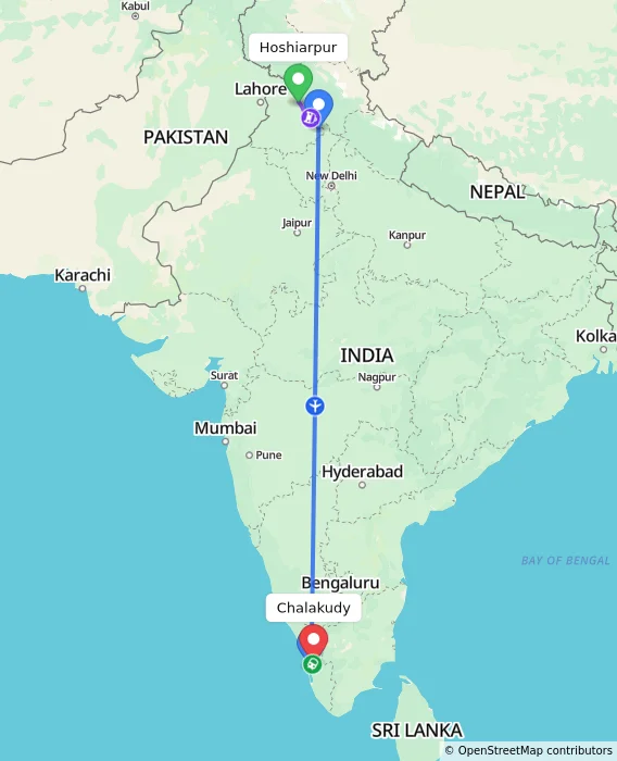 Route map showing distance and travel time from Hoshiarpur, India to Chalakudy, India
