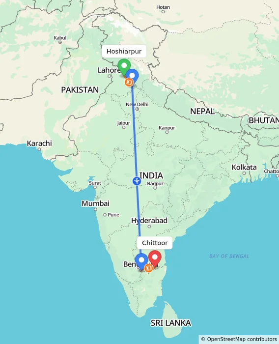 Route map showing distance and travel time from Hoshiarpur, India to Chittoor, India