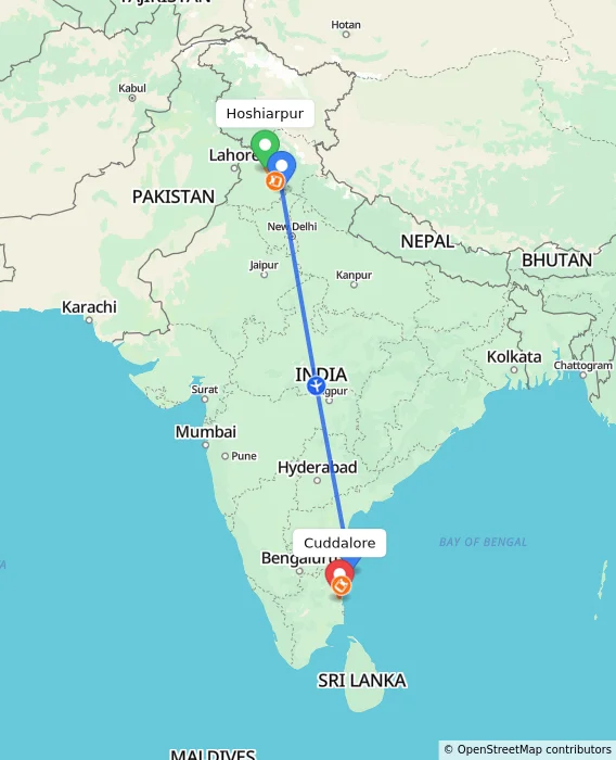 Route map showing distance and travel time from Hoshiarpur, India to Cuddalore, India