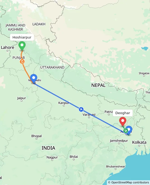 Route map showing distance and travel time from Hoshiarpur, India to Deoghar, India